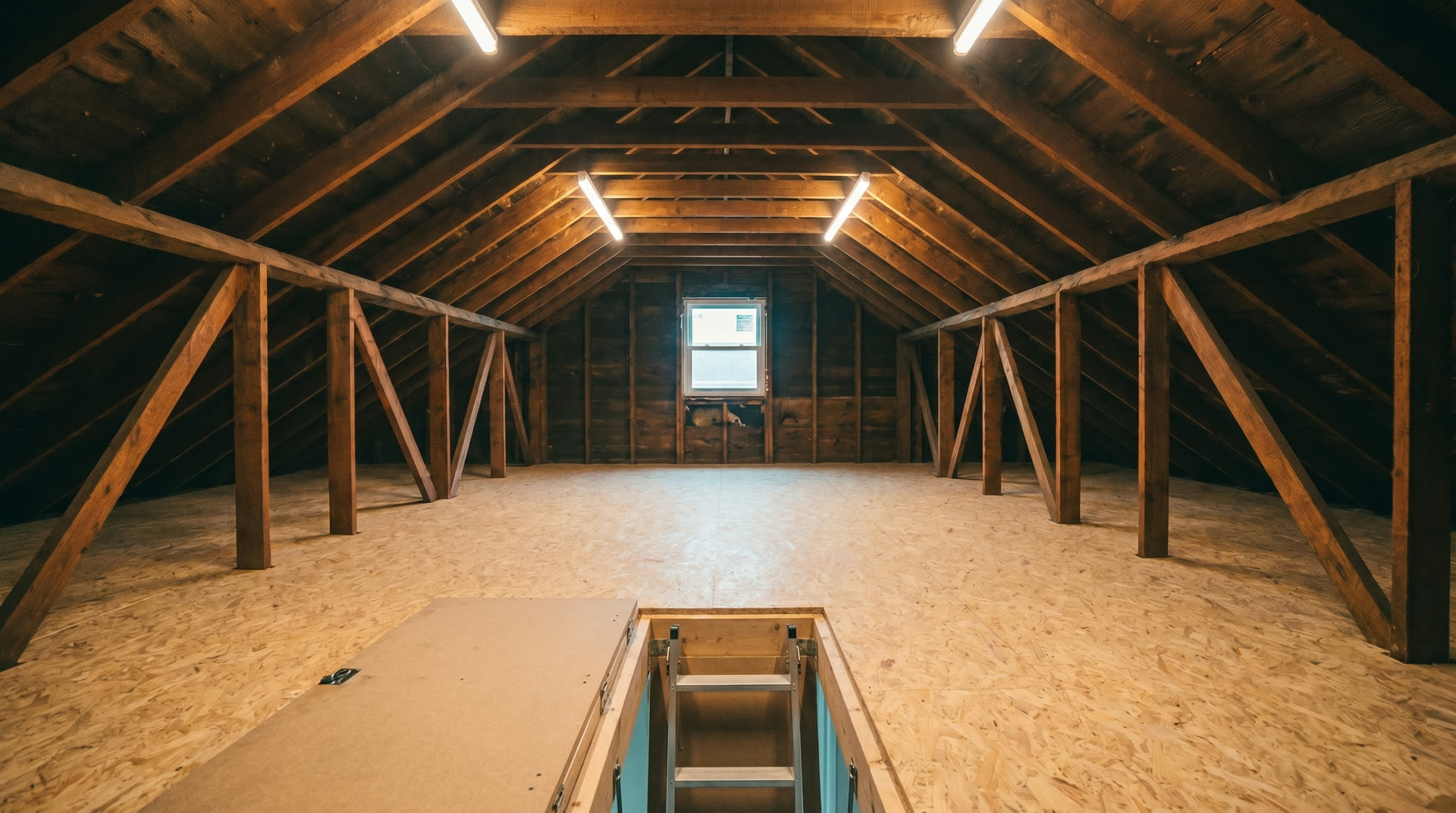 Finished boarded loft with clean flooring and ladder